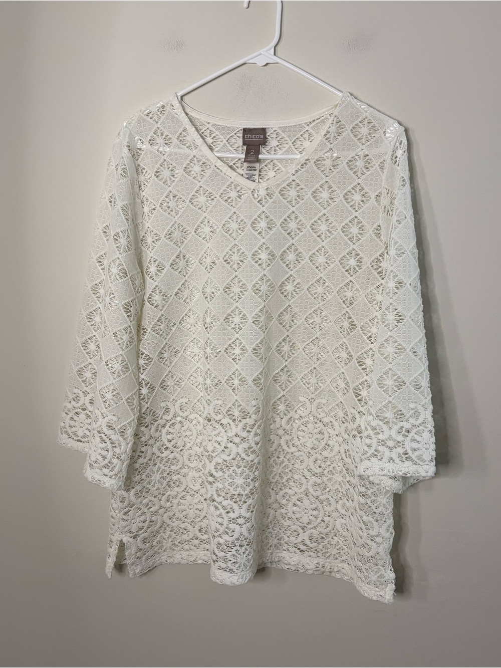 Chicos size 2 plus women’s lace ivory white top 3/4 sleeve Beachy classic